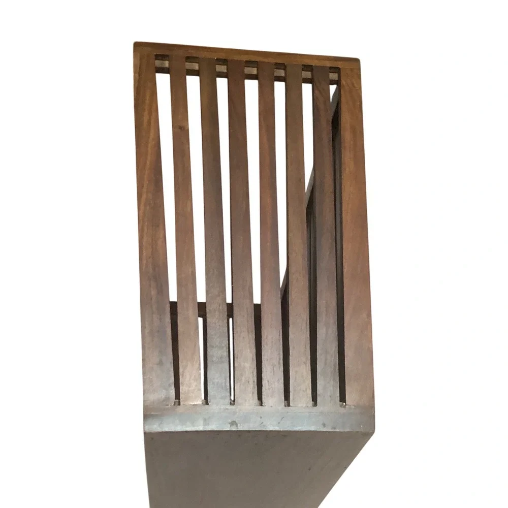 Mid Century Modern Slatted Wood Magazine Holder Floor Rack Dark Brown Heavy